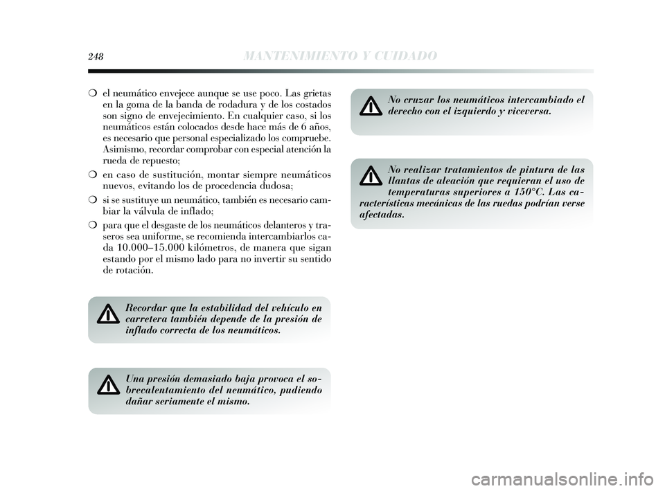 Lancia Delta 2015  Manual de Empleo y Cuidado (in Spanish) 248MANTENIMIENTO Y CUIDADO
❍el neumático envejece aunque se use poco. Las grietas
en la goma de la banda de rodadura y de los costados
son signo de envejecimiento. En cualquier caso, si los
neumát