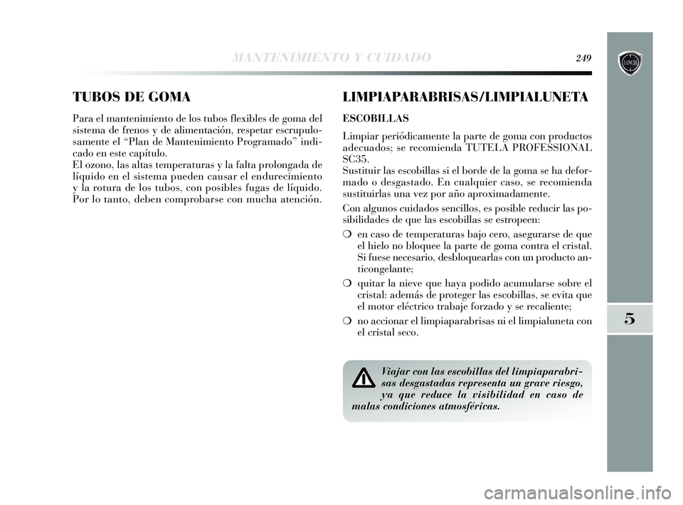Lancia Delta 2015  Manual de Empleo y Cuidado (in Spanish) TUBOS DE GOMA
Para el mantenimiento de los tubos flexibles de goma del
sistema de frenos y de alimentación, respetar escrupulo-
samente el “Plan de Mantenimiento Programado” indi-
cado en este ca