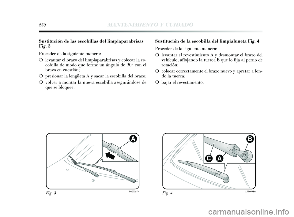 Lancia Delta 2015  Manual de Empleo y Cuidado (in Spanish) 250MANTENIMIENTO Y CUIDADO
Sustitución de las escobillas del limpiaparabrisas
Fig. 3
Proceder de la siguiente manera:
❍levantar el brazo del limpiaparabrisas y colocar la es-
cobilla de modo que fo