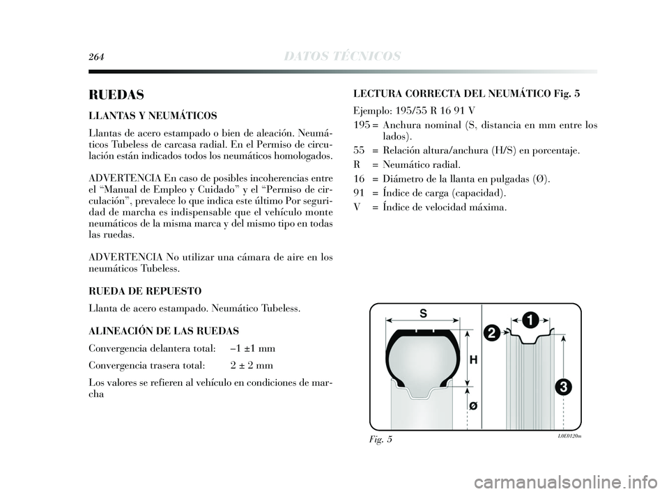 Lancia Delta 2015  Manual de Empleo y Cuidado (in Spanish) 264DATOS TÉCNICOS
RUEDAS
LLANTAS Y NEUMÁTICOS
Llantas de acero estampado o bien de aleación. Neumá-
ticos Tubeless de carcasa radial. En el Permiso de circu-
lación están indicados todos los neu