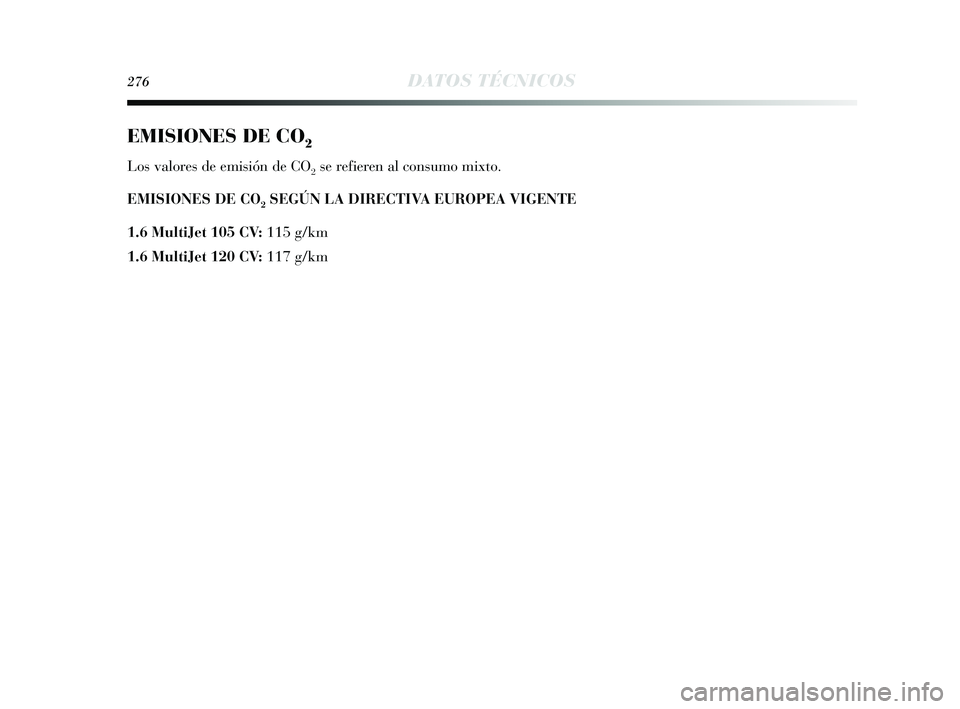 Lancia Delta 2015  Manual de Empleo y Cuidado (in Spanish) 276DATOS TÉCNICOS
EMISIONES DE CO2
Los valores de emisión de CO2se refieren al consumo mixto.
EMISIONES DE CO
2SEGÚN LA DIRECTIVA EUROPEA VIGENTE 
1.6 MultiJet 105 CV:  115 g/km
1.6 MultiJet 120 CV