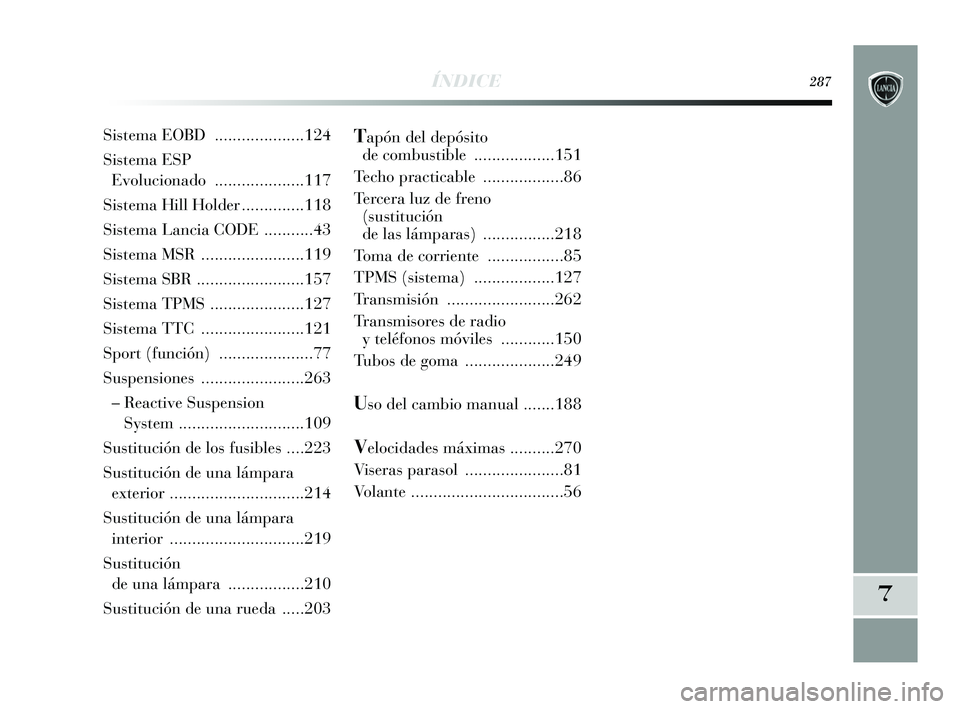 Lancia Delta 2015  Manual de Empleo y Cuidado (in Spanish) 7
Tapón del depósito
de combustible ..................151
Techo practicable  ..................86
Tercera luz de freno  (sustitución 
de las lámparas)  ................218
Toma de corriente  .....