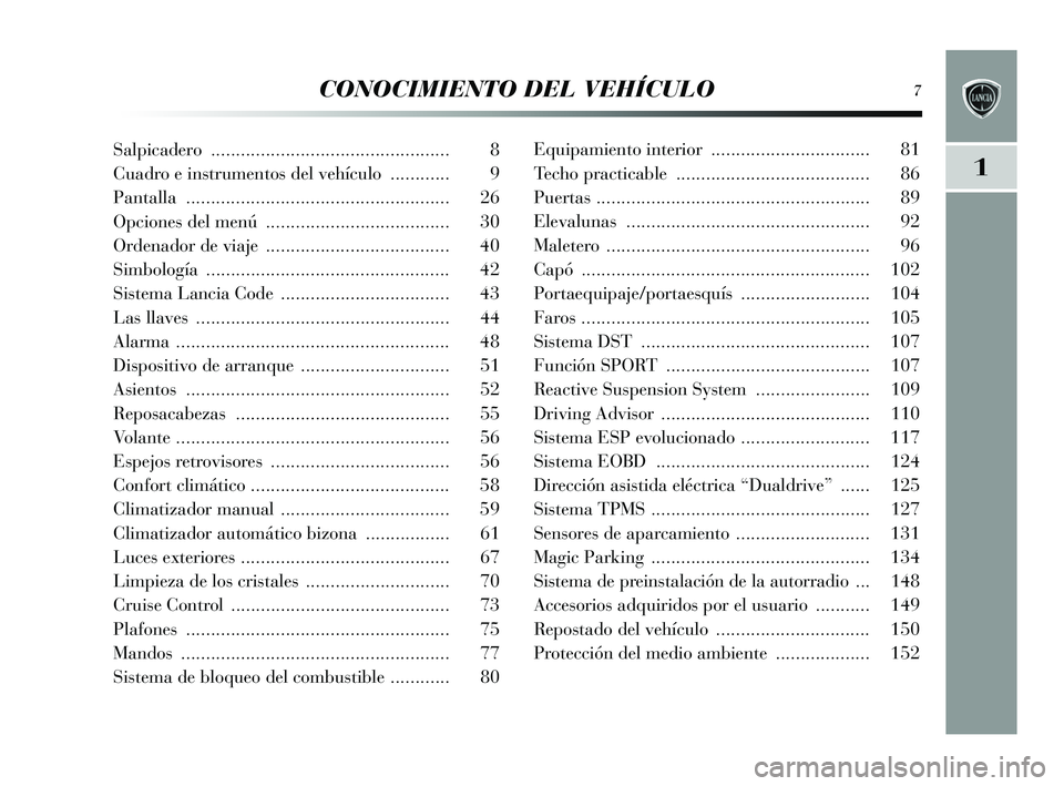 Lancia Delta 2015  Manual de Empleo y Cuidado (in Spanish) CONOCIMIENTO DEL VEHÍCULO7
1
Salpicadero ................................................ 8
Cuadro e instrumentos del vehículo  ............ 9
Pantalla ..............................................