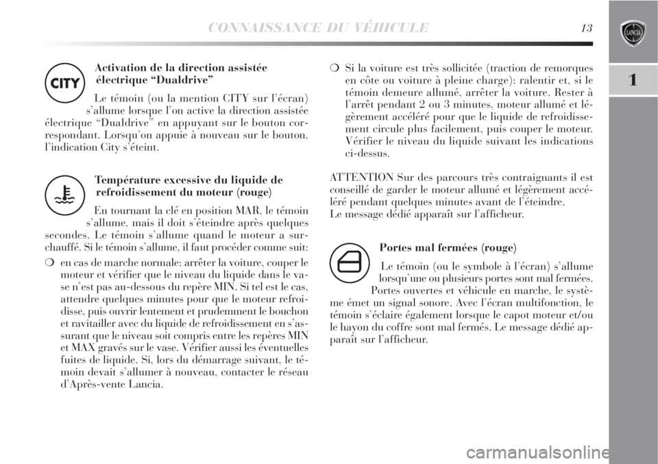 Lancia Delta 2008  Notice dentretien (in French) CONNAISSANCE DU VÉHICULE13
1
Activation de la direction assistée
électrique “Dualdrive” 
Le témoin (ou la mention CITY sur l’écran)
s’allume lorsque l’on active la direction assistée
�