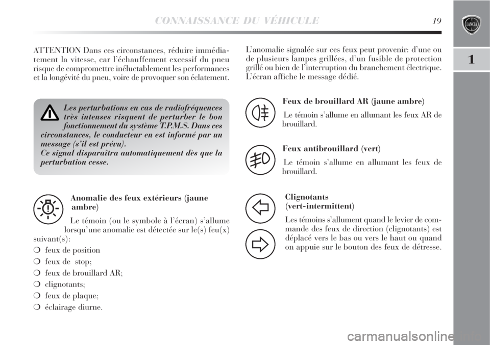 Lancia Delta 2008  Notice dentretien (in French) CONNAISSANCE DU VÉHICULE19
1
Les perturbations en cas de radiofréquences
très intenses risquent de perturber le bon
fonctionnement du système T.P.M.S. Dans ces
circonstances, le conducteur en est 