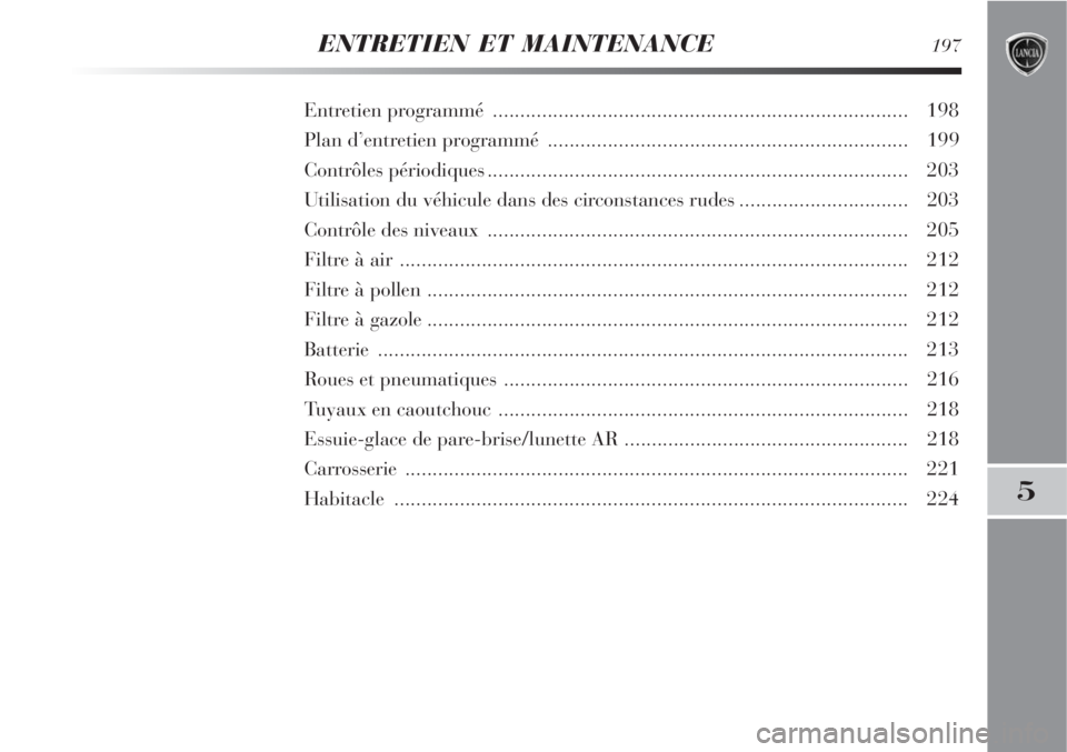Lancia Delta 2009  Notice dentretien (in French) ENTRETIEN ET MAINTENANCE197
5
Entretien programmé ............................................................................ 198
Plan d’entretien programmé ......................................