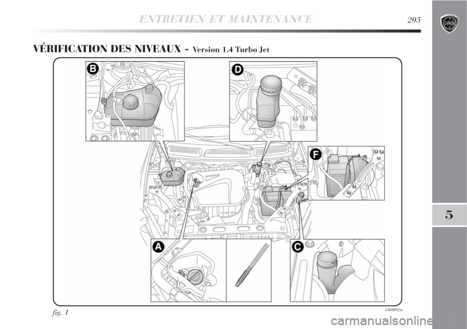 Lancia Delta 2008  Notice dentretien (in French) ENTRETIEN ET MAINTENANCE205
5
VÉRIFICATION DES NIVEAUX - Version 1.4 Turbo Jet
fig. 1L0E0092m 