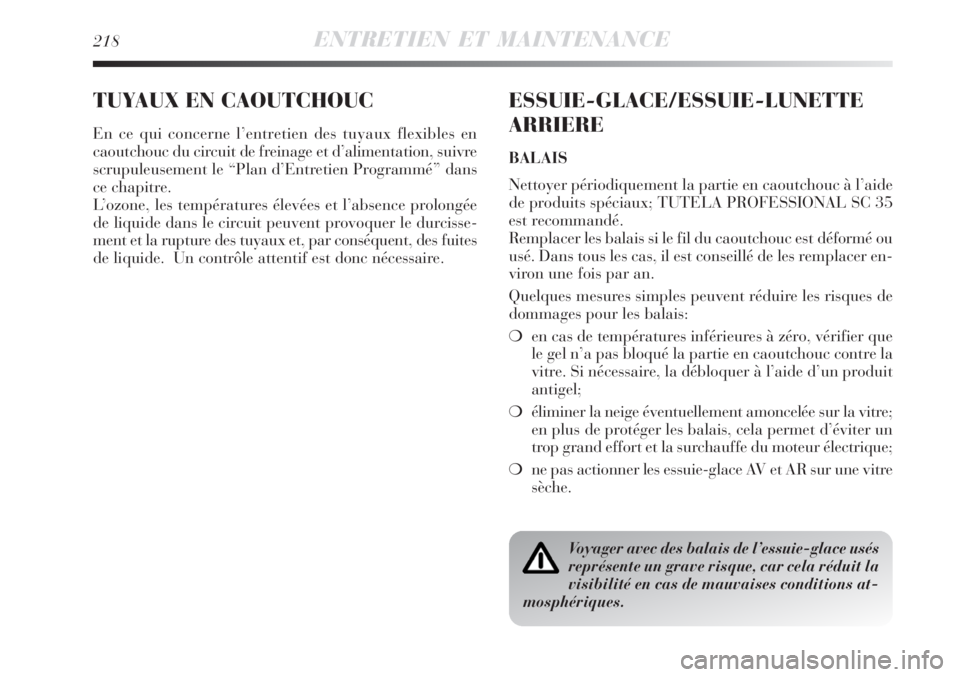 Lancia Delta 2009  Notice dentretien (in French) 218ENTRETIEN ET MAINTENANCE
TUYAUX EN CAOUTCHOUC
En ce qui concerne l’entretien des tuyaux flexibles en
caoutchouc du circuit de freinage et d’alimentation, suivre
scrupuleusement le “Plan d’E