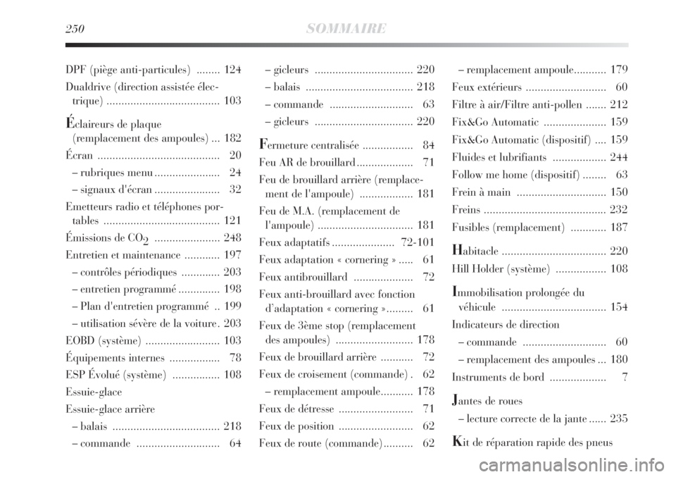 Lancia Delta 2008  Notice dentretien (in French) 250SOMMAIRE
– gicleurs ................................. 220
– balais .................................... 218
– commande ............................ 63
– gicleurs ...........................