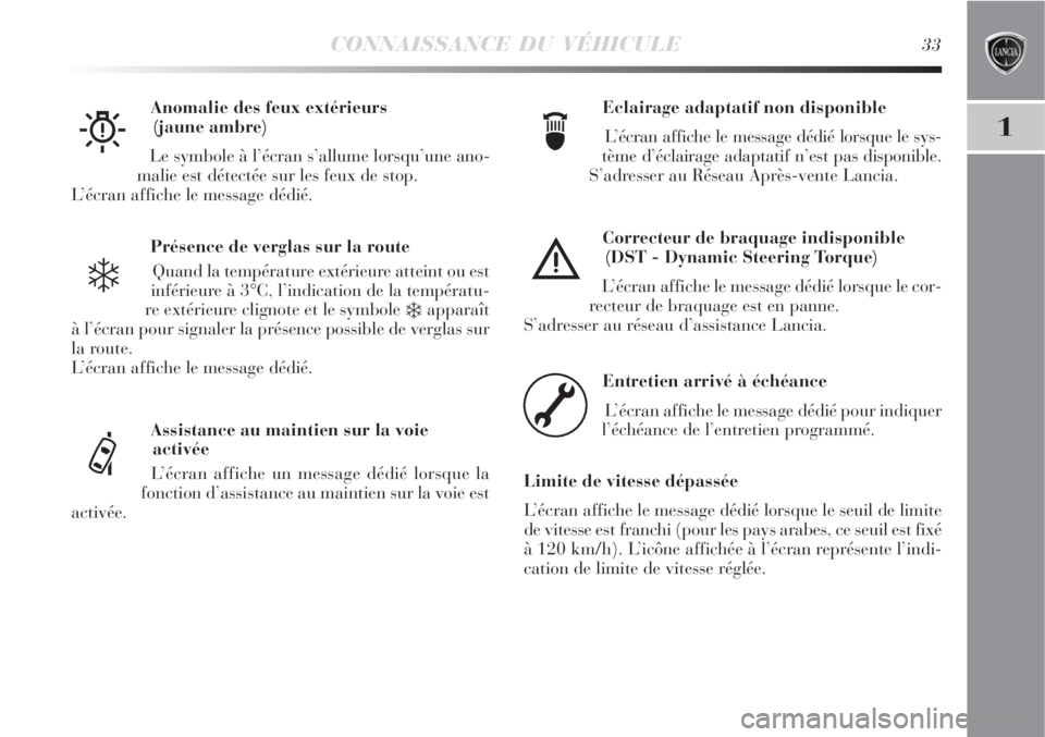 Lancia Delta 2009  Notice dentretien (in French) CONNAISSANCE DU VÉHICULE33
1
Présence de verglas sur la route
Quand la température extérieure atteint ou est
inférieure à 3°C, l’indication de la températu-
re extérieure clignote et le sym