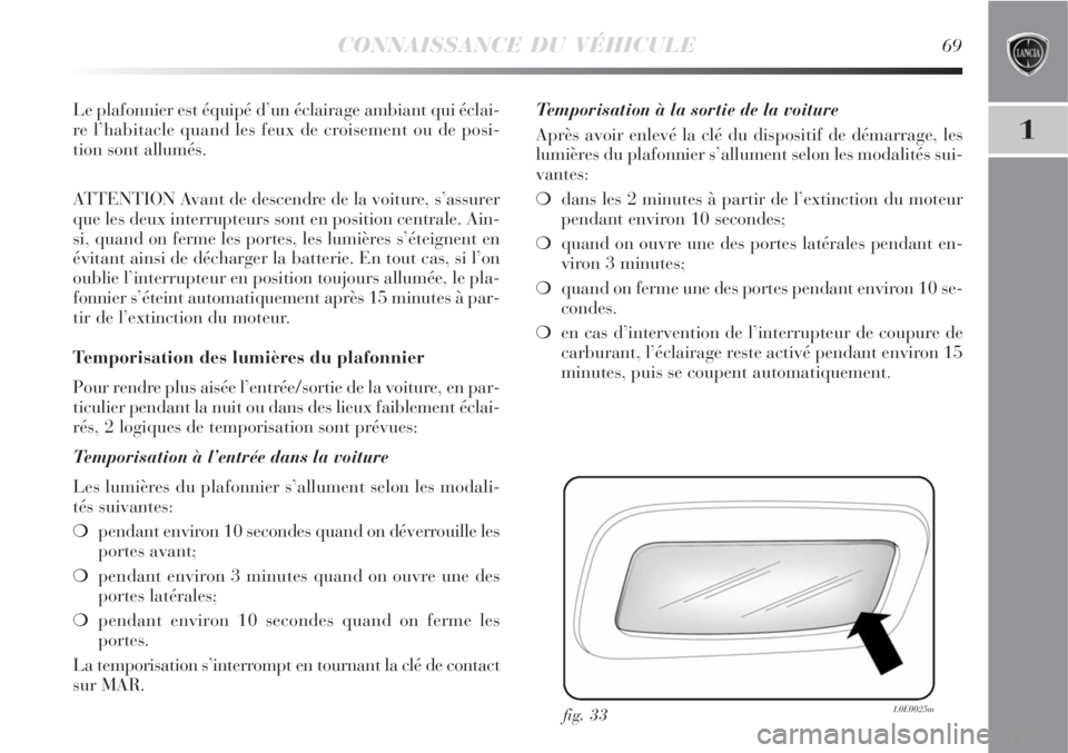 Lancia Delta 2009  Notice dentretien (in French) CONNAISSANCE DU VÉHICULE69
1
Le plafonnier est équipé d’un éclairage ambiant qui éclai-
re l’habitacle quand les feux de croisement ou de posi-
tion sont allumés.
ATTENTION Avant de descendr