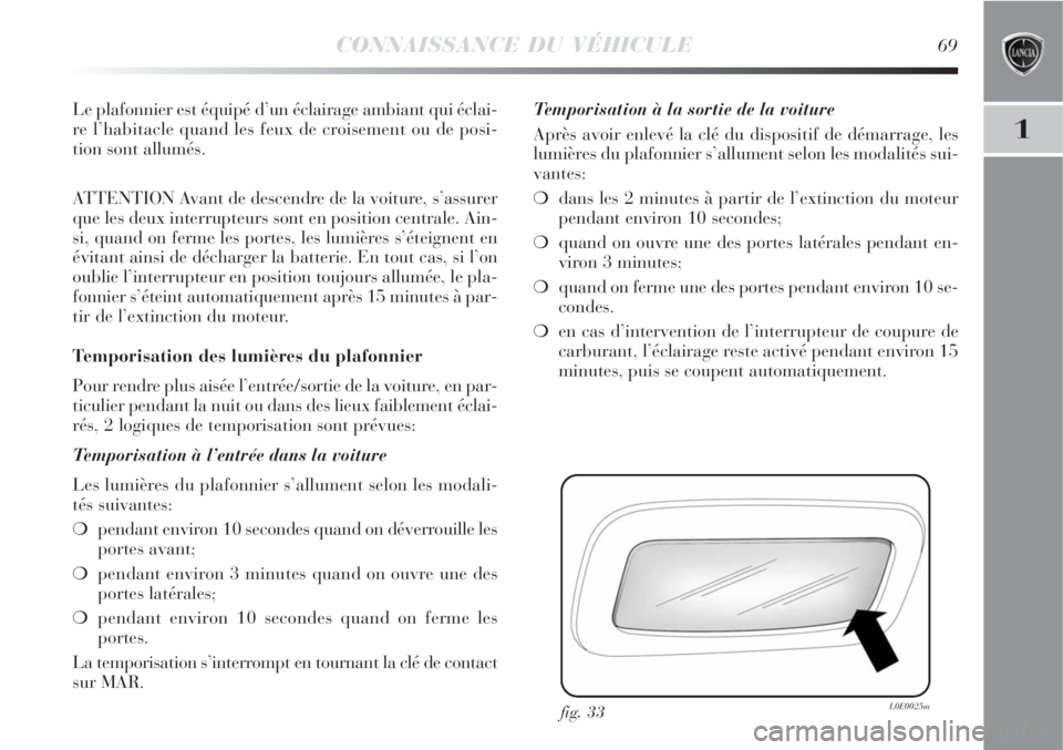 Lancia Delta 2008  Notice dentretien (in French) CONNAISSANCE DU VÉHICULE69
1
Le plafonnier est équipé d’un éclairage ambiant qui éclai-
re l’habitacle quand les feux de croisement ou de posi-
tion sont allumés.
ATTENTION Avant de descendr