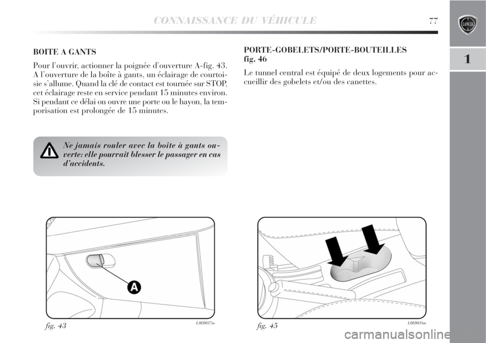 Lancia Delta 2009  Notice dentretien (in French) CONNAISSANCE DU VÉHICULE77
1
Ne jamais rouler avec la boîte à gants ou-
verte: elle pourrait blesser le passager en cas
d’accidents.
BOITE A GANTS
Pour l’ouvrir, actionner la poignée d’ouver