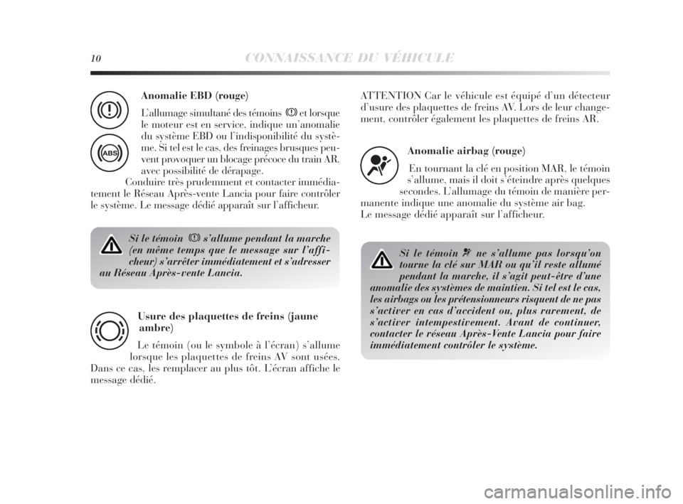 Lancia Delta 2010  Notice dentretien (in French) 10CONNAISSANCE DU VÉHICULE
Si le témoin  xs’allume pendant la marche
(en même temps que le message sur l’affi-
cheur) s’arrêter immédiatement et s’adresser
au Réseau Après-vente Lancia.