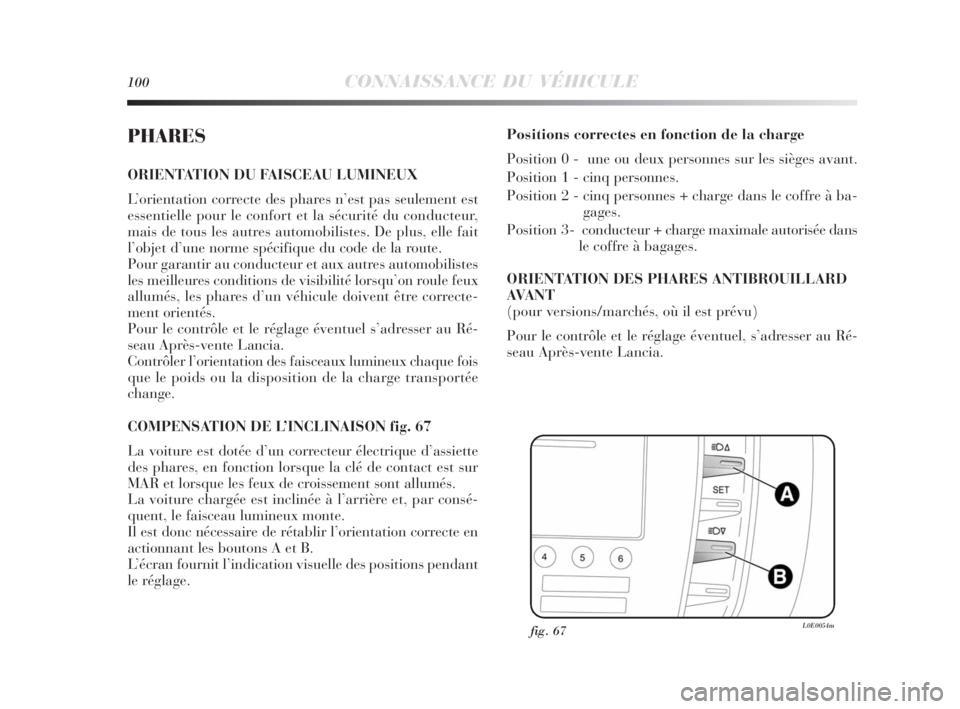 Lancia Delta 2010 Notice dentretien (in French) 100CONNAISSANCE DU VÉHICULE
PHARES
ORIENTATION DU FAISCEAU LUMINEUX
L’orientation correcte des phares n’est pas seulement est
essentielle pour le confort et la sécurité du conducteur,
mais de t Lancia Delta 2010 Notice dentretien (in French) 100CONNAISSANCE DU VÉHICULE
PHARES
ORIENTATION DU FAISCEAU LUMINEUX
L’orientation correcte des phares n’est pas seulement est
essentielle pour le confort et la sécurité du conducteur,
mais de t