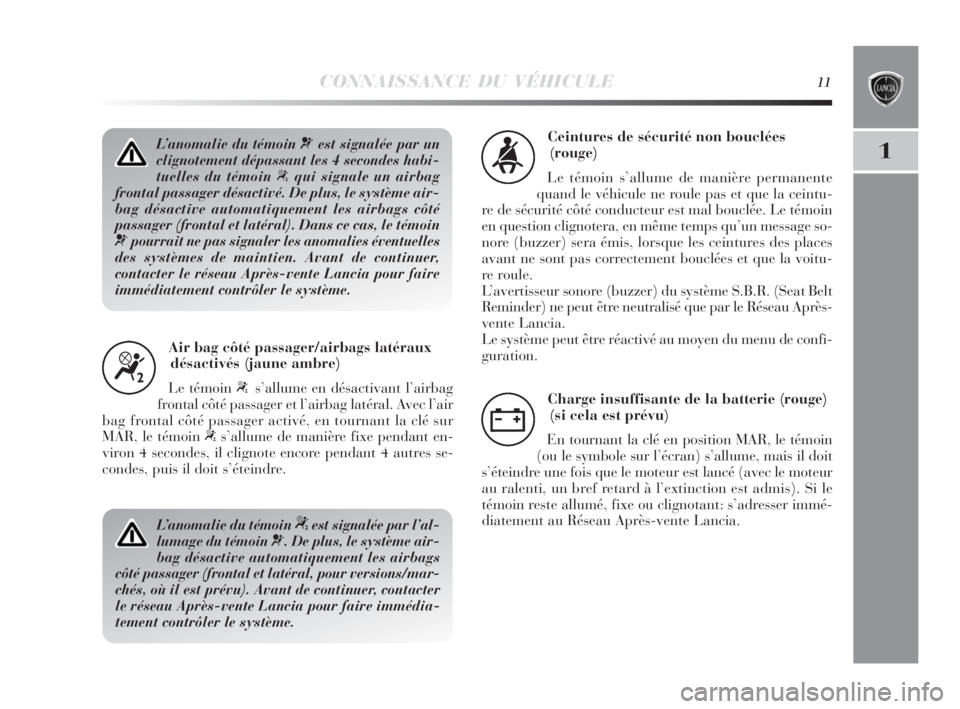 Lancia Delta 2010  Notice dentretien (in French) CONNAISSANCE DU VÉHICULE11
1L’anomalie du témoin ¬est signalée par un
clignotement dépassant les 4 secondes habi-
tuelles du témoin 
“qui signale un airbag
frontal passager désactivé. De p