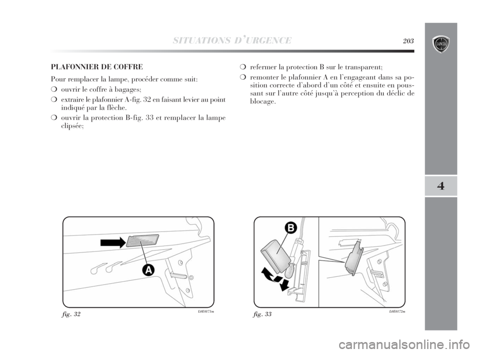 Lancia Delta 2010 Notice dentretien (in French) SITUATIONS D’URGENCE203
4
fig. 32L0E0171mfig. 33L0E0172m
PLAFONNIER DE COFFRE
Pour remplacer la lampe, procéder comme suit:
❍ouvrir le coffre à bagages;
❍extraire le plafonnier A-fig. 32 en fa Lancia Delta 2010 Notice dentretien (in French) SITUATIONS D’URGENCE203
4
fig. 32L0E0171mfig. 33L0E0172m
PLAFONNIER DE COFFRE
Pour remplacer la lampe, procéder comme suit:
❍ouvrir le coffre à bagages;
❍extraire le plafonnier A-fig. 32 en fa