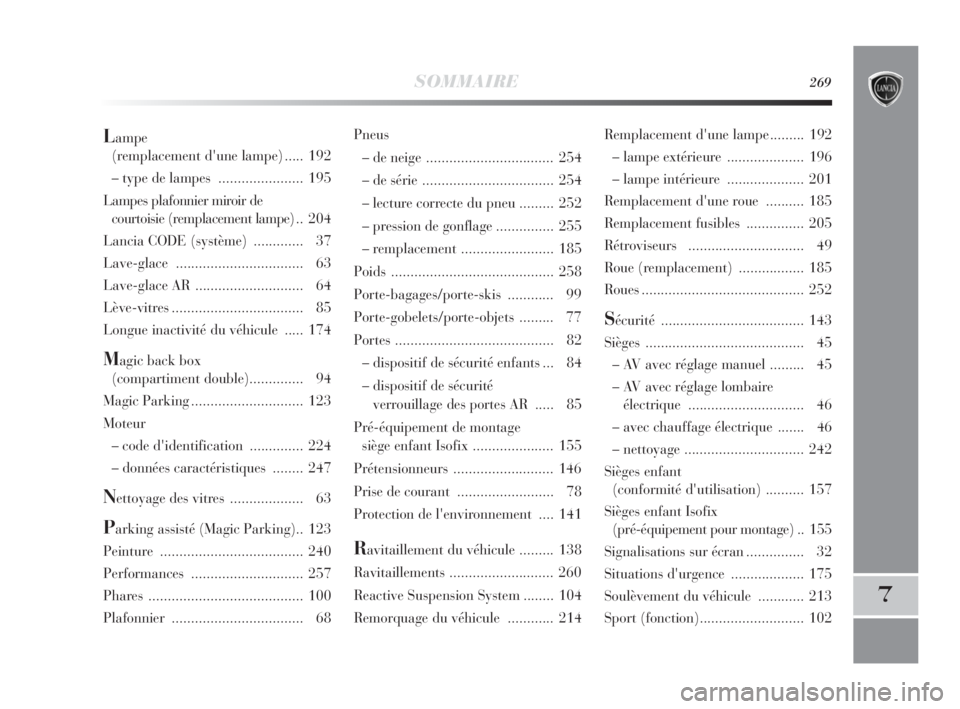 Lancia Delta 2010  Notice dentretien (in French) SOMMAIRE269
7
Pneus
– de neige ................................. 254
– de série .................................. 254
– lecture correcte du pneu ......... 252
– pression de gonflage ........