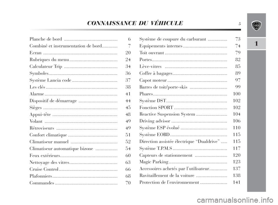 Lancia Delta 2010  Notice dentretien (in French) CONNAISSANCE DU VÉHICULE5
1
Planche de bord  ......................................... 6
Combiné et instrumentation de bord............ 7
Ecran.......................................................