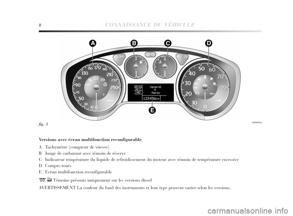 Lancia Delta 2010 Notice dentretien (in French) 8CONNAISSANCE DU VÉHICULE
Versions avec écran multifonction reconfigurable
A Tachymètre (compteur de vitesse)
B Jauge de carburant avec témoin de réserve
C Indicateur température du liquide de r Lancia Delta 2010 Notice dentretien (in French) 8CONNAISSANCE DU VÉHICULE
Versions avec écran multifonction reconfigurable
A Tachymètre (compteur de vitesse)
B Jauge de carburant avec témoin de réserve
C Indicateur température du liquide de r