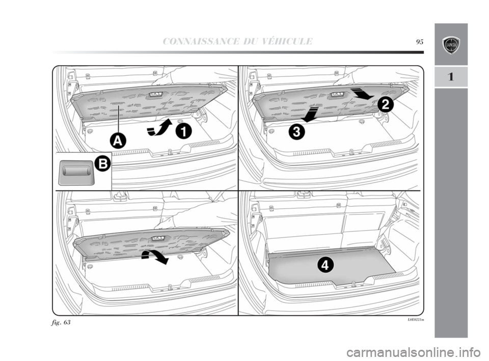 Lancia Delta 2010 Notice dentretien (in French) CONNAISSANCE DU VÉHICULE95
1
fig. 63L0E0221m
001-142 Delta 3ed FR 30-11-2009 10:44 Pagina 95 Lancia Delta 2010 Notice dentretien (in French) CONNAISSANCE DU VÉHICULE95
1
fig. 63L0E0221m
001-142 Delta 3ed FR 30-11-2009 10:44 Pagina 95