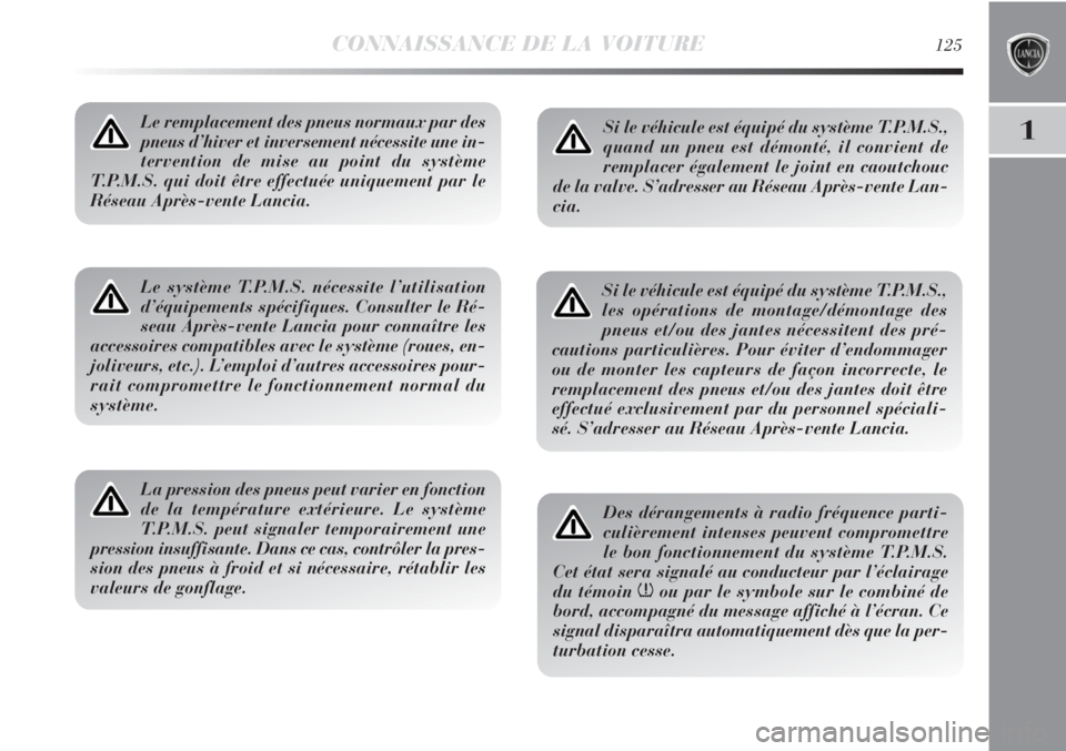 Lancia Delta 2011  Notice dentretien (in French) CONNAISSANCE DE LA VOITURE125
1Le remplacement des pneus normaux par des
pneus d’hiver et inversement nécessite une in-
tervention de mise au point du système
T.P.M.S. qui doit être effectuée un