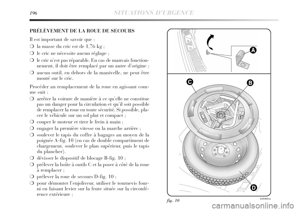 Lancia Delta 2011 Notice dentretien (in French) 196SITUATIONS D’URGENCE
PRÉLÈVEMENT DE LA ROUE DE SECOURS
Il est important de savoir que :
❍la masse du cric est de 1,76 kg ;
❍le cric ne nécessite aucun réglage ;
❍le cric n’est pas ré Lancia Delta 2011 Notice dentretien (in French) 196SITUATIONS D’URGENCE
PRÉLÈVEMENT DE LA ROUE DE SECOURS
Il est important de savoir que :
❍la masse du cric est de 1,76 kg ;
❍le cric ne nécessite aucun réglage ;
❍le cric n’est pas ré