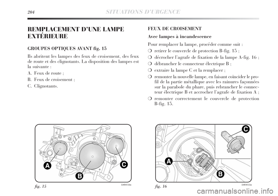 Lancia Delta 2011  Notice dentretien (in French) 204SITUATIONS D’URGENCE
REMPLACEMENT D’UNE LAMPE
EXTÉRIEURE
GROUPES OPTIQUES AVANT fig. 15
Ils abritent les lampes des feux de croisement, des feux
de route et des clignotants. La disposition des