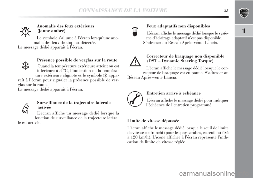 Lancia Delta 2011  Notice dentretien (in French) CONNAISSANCE DE LA VOITURE35
1
Présence possible de verglas sur la route
Quand la température extérieure atteint ou est
inférieure à 3 °C, l’indication de la tempéra-
ture extérieure clignot