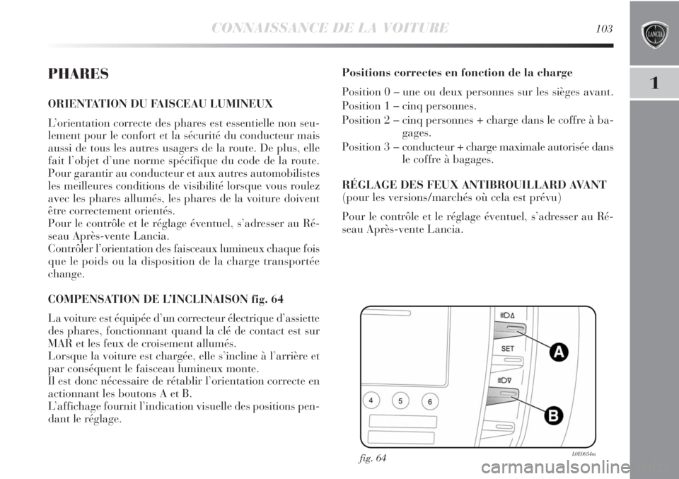 Lancia Delta 2012  Notice dentretien (in French) CONNAISSANCE DE LA VOITURE103
1PHARES
ORIENTATION DU FAISCEAU LUMINEUX 
L’orientation correcte des phares est essentielle non seu-
lement pour le confort et la sécurité du conducteur mais
aussi de