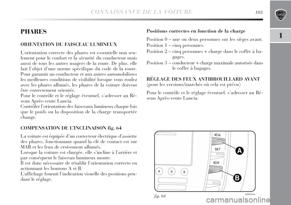 Lancia Delta 2012 Notice dentretien (in French) CONNAISSANCE DE LA VOITURE103
1PHARES
ORIENTATION DU FAISCEAU LUMINEUX
L’orientation correcte des phares est essentielle non seu-
lement pour le confort et la sécurité du conducteur mais
aussi de Lancia Delta 2012 Notice dentretien (in French) CONNAISSANCE DE LA VOITURE103
1PHARES
ORIENTATION DU FAISCEAU LUMINEUX
L’orientation correcte des phares est essentielle non seu-
lement pour le confort et la sécurité du conducteur mais
aussi de