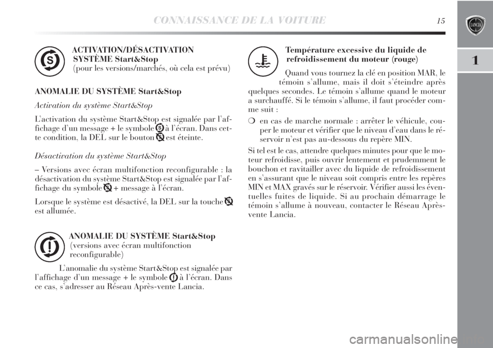 Lancia Delta 2013  Notice dentretien (in French) CONNAISSANCE DE LA VOITURE15
1
ACTIVATION/DÉSACTIVATION 
SYSTÈME Start&Stop
(pour les versions/marchés, où cela est prévu)
ANOMALIE DU SYSTÈME Start&Stop
Activation du système Start&Stop
L’ac