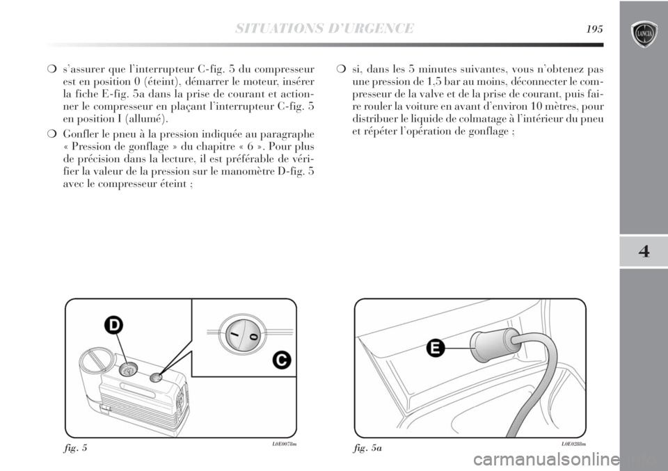 Lancia Delta 2012 Notice dentretien (in French) SITUATIONS D’URGENCE195
4
❍s’assurer que l’interrupteur C-fig. 5 du compresseur
est en position 0 (éteint), démarrer le moteur, insérer
la fiche E-fig. 5a dans la prise de courant et action Lancia Delta 2012 Notice dentretien (in French) SITUATIONS D’URGENCE195
4
❍s’assurer que l’interrupteur C-fig. 5 du compresseur
est en position 0 (éteint), démarrer le moteur, insérer
la fiche E-fig. 5a dans la prise de courant et action