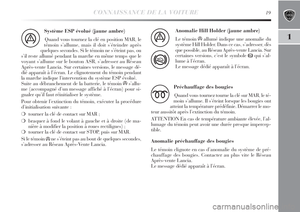 Lancia Delta 2012  Notice dentretien (in French) CONNAISSANCE DE LA VOITURE19
1
Système ESP évolué (jaune ambre)
Quand vous tournez la clé en position MAR, le
témoin s’allume, mais il doit s’éteindre après
quelques secondes. Si le témoin