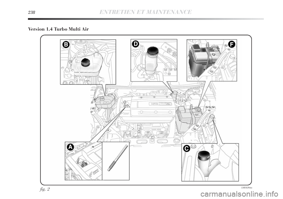 Lancia Delta 2012 Notice dentretien (in French) 238ENTRETIEN ET MAINTENANCE
Version 1.4 Turbo Multi Air
fig. 2L0E0204m Lancia Delta 2012 Notice dentretien (in French) 238ENTRETIEN ET MAINTENANCE
Version 1.4 Turbo Multi Air
fig. 2L0E0204m