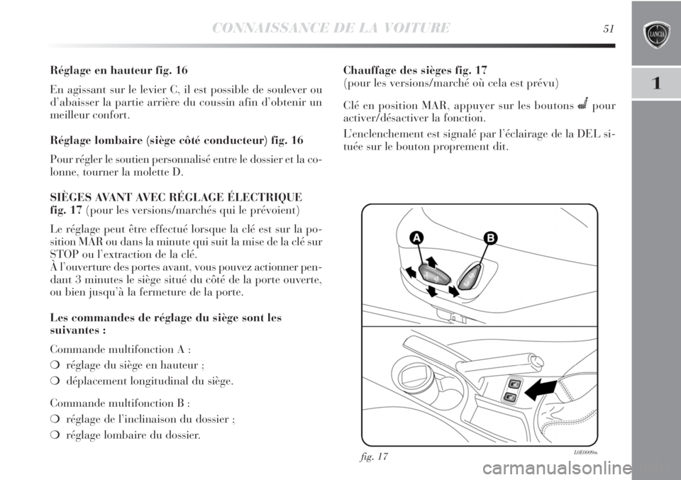 Lancia Delta 2012 Notice dentretien (in French) CONNAISSANCE DE LA VOITURE51
1
Réglage en hauteur fig. 16
En agissant sur le levier C, il est possible de soulever ou
d’abaisser la partie arrière du coussin afin d’obtenir un
meilleur confort.
Lancia Delta 2012 Notice dentretien (in French) CONNAISSANCE DE LA VOITURE51
1
Réglage en hauteur fig. 16
En agissant sur le levier C, il est possible de soulever ou
d’abaisser la partie arrière du coussin afin d’obtenir un
meilleur confort.