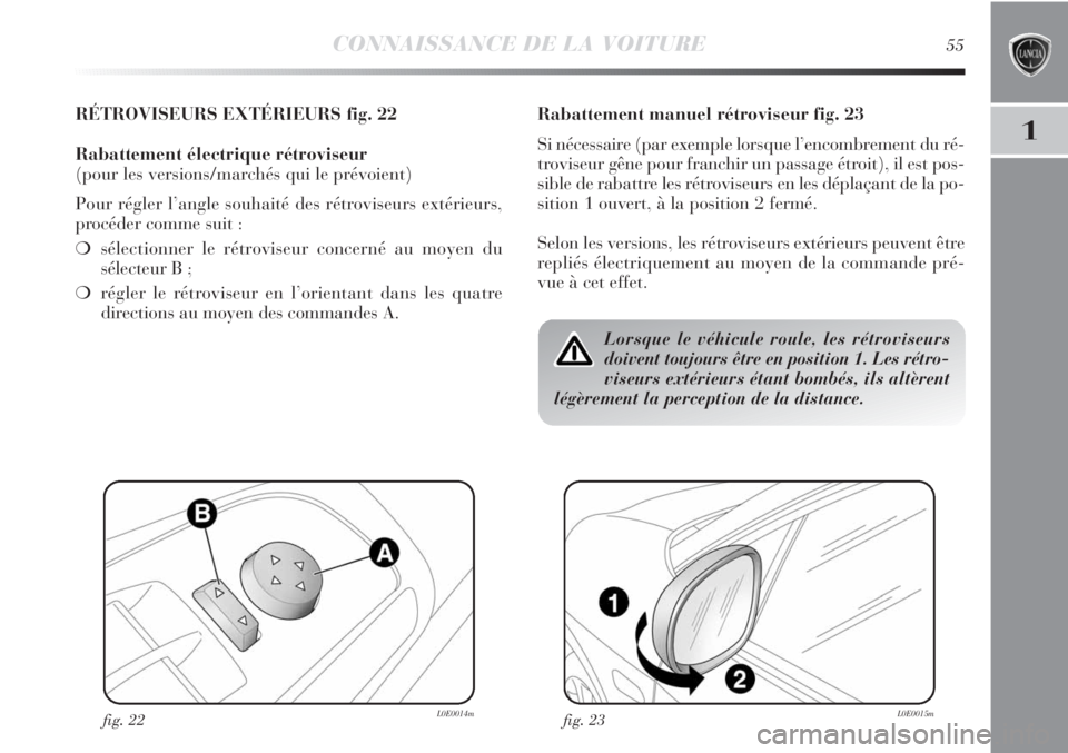 Lancia Delta 2012 Notice dentretien (in French) CONNAISSANCE DE LA VOITURE55
1
RÉTROVISEURS EXTÉRIEURS fig. 22
Rabattement électrique rétroviseur
(pour les versions/marchés qui le prévoient)
Pour régler l’angle souhaité des rétroviseurs Lancia Delta 2012 Notice dentretien (in French) CONNAISSANCE DE LA VOITURE55
1
RÉTROVISEURS EXTÉRIEURS fig. 22
Rabattement électrique rétroviseur
(pour les versions/marchés qui le prévoient)
Pour régler l’angle souhaité des rétroviseurs