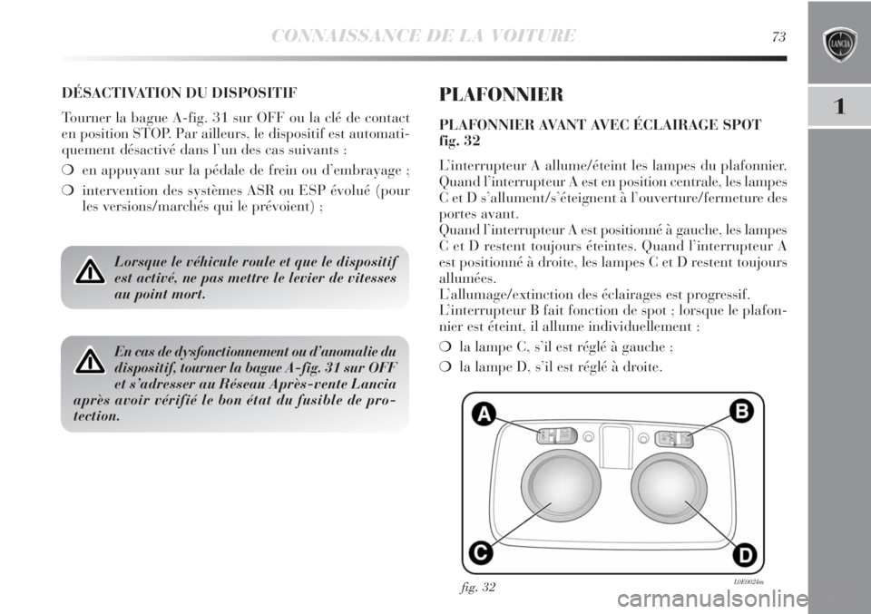 Lancia Delta 2012 Notice dentretien (in French) CONNAISSANCE DE LA VOITURE73
1
DÉSACTIVATION DU DISPOSITIF
Tourner la bague A-fig. 31 sur OFF ou la clé de contact
en position STOP. Par ailleurs, le dispositif est automati-
quement désactivé dan Lancia Delta 2012 Notice dentretien (in French) CONNAISSANCE DE LA VOITURE73
1
DÉSACTIVATION DU DISPOSITIF
Tourner la bague A-fig. 31 sur OFF ou la clé de contact
en position STOP. Par ailleurs, le dispositif est automati-
quement désactivé dan