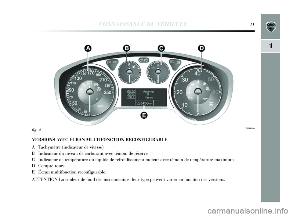 Lancia Delta 2014  Notice dentretien (in French) CONNAISSANCE DU VÉHICULE11
1
VERSIONS AV EC ÉCRAN MULTIFONCTION RECONFIGURABLE 
ATach ymètre (indicateur de vite sse)
B Indicateur du niveau de carburant avec témoin de ré serve
C Indicateur de t