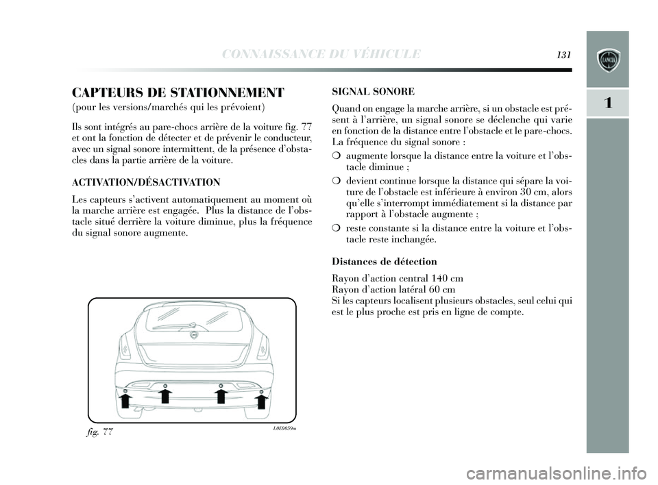 Lancia Delta 2014 Notice dentretien (in French) CONNAISSANCE DU VÉHICULE131
1
CAPTEURS DE STATIONNEMENT
(pour les versions/marchés qui les prévoient)
Ils s ont intégrés au pare-choc s arrière de la voiture fig. 77
et ont la fonction de dé Lancia Delta 2014 Notice dentretien (in French) CONNAISSANCE DU VÉHICULE131
1
CAPTEURS DE STATIONNEMENT
(pour les versions/marchés qui les prévoient)
Ils s ont intégrés au pare-choc s arrière de la voiture fig. 77
et ont la fonction de dé
