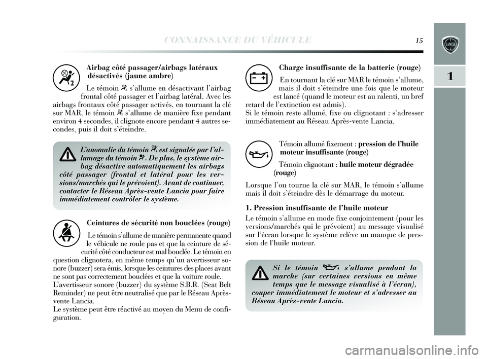 Lancia Delta 2014  Notice dentretien (in French) CONNAISSANCE DU VÉHICULE15
1
Airbag côté passager/airbags latérauxdésactivés (jaune ambre)
Le témoin 
“s’allume en dés activant l’airbag
frontal côté pa ssager et l’airbag latéral. 