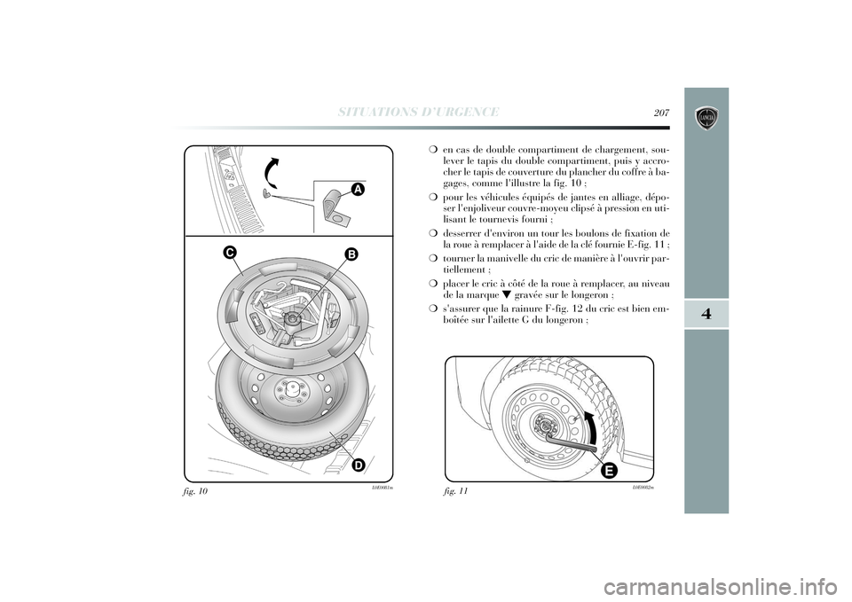 Lancia Delta 2014 Notice dentretien (in French) SITUATIONS D’URGENCE
207
4
fig. 10
L0E0081m
❍en cas de double compartiment de chargement, sou-
lever le tapis du double compartiment, puis y accro-
cher le tapis de couverture du plancher du coffr Lancia Delta 2014 Notice dentretien (in French) SITUATIONS D’URGENCE
207
4
fig. 10
L0E0081m
❍en cas de double compartiment de chargement, sou-
lever le tapis du double compartiment, puis y accro-
cher le tapis de couverture du plancher du coffr