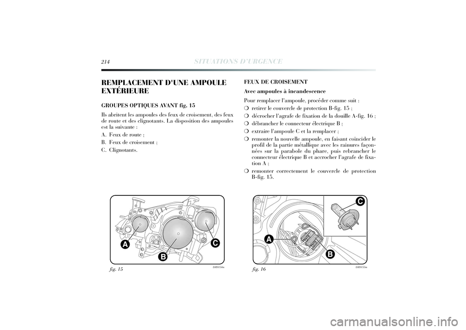 Lancia Delta 2014 Notice dentretien (in French) 214
SITUATIONS D’URGENCE
REMPLACEMENT D'UNE AMPOULE
EXTÉRIEUREGROUPES OPTIQUES AVANT fig. 15
Ils abritent les ampoules des feux de croisement, des feux
de route et des clignotants. La dispositi Lancia Delta 2014 Notice dentretien (in French) 214
SITUATIONS D’URGENCE
REMPLACEMENT D'UNE AMPOULE
EXTÉRIEUREGROUPES OPTIQUES AVANT fig. 15
Ils abritent les ampoules des feux de croisement, des feux
de route et des clignotants. La dispositi