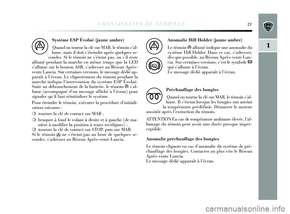 Lancia Delta 2014 Notice dentretien (in French) CONNAISSANCE DU VÉHICULE21
1
Système ESP Évolué (jaune ambre)Quand on tourne la clé s ur MAR, le témoin s’al-
lume, mais il doit s’éteindre après quelques s e-
condes . Si le témoin ne Lancia Delta 2014 Notice dentretien (in French) CONNAISSANCE DU VÉHICULE21
1
Système ESP Évolué (jaune ambre)Quand on tourne la clé s ur MAR, le témoin s’al-
lume, mais il doit s’éteindre après quelques s e-
condes . Si le témoin ne