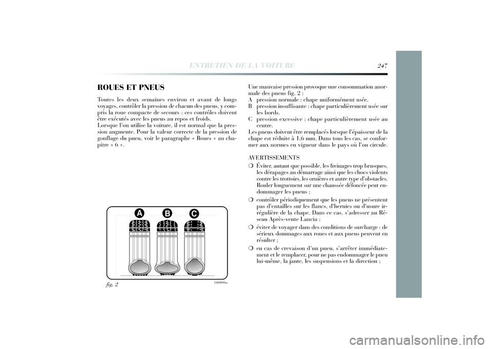 Lancia Delta 2014 Notice dentretien (in French) ROUES ET PNEUSToutes les deux semaines environ et avant de longs
voyages, contrôler la pression de chacun des pneus, y com-
pris la roue compacte de secours : ces contrôles doivent
être exécutés Lancia Delta 2014 Notice dentretien (in French) ROUES ET PNEUSToutes les deux semaines environ et avant de longs
voyages, contrôler la pression de chacun des pneus, y com-
pris la roue compacte de secours : ces contrôles doivent
être exécutés
