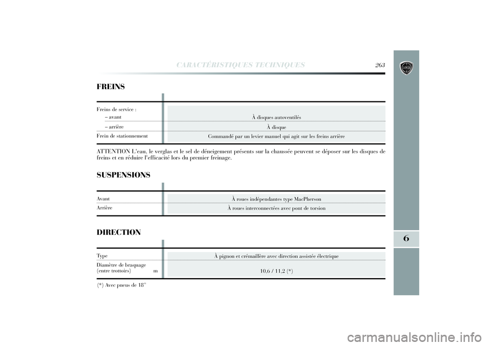 Lancia Delta 2014 Notice dentretien (in French) CARACTÉRISTIQUES TECHNIQUES
263
6
À disques autoventilés
À disque
Commandé par un levier manuel qui agit sur les freins arrière
FREINSATTENTION L'eau, le verglas et le sel de déneigement pr Lancia Delta 2014 Notice dentretien (in French) CARACTÉRISTIQUES TECHNIQUES
263
6
À disques autoventilés
À disque
Commandé par un levier manuel qui agit sur les freins arrière
FREINSATTENTION L'eau, le verglas et le sel de déneigement pr