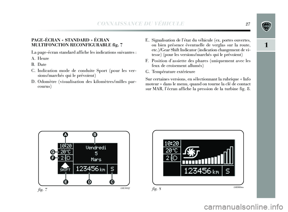 Lancia Delta 2014 Notice dentretien (in French) CONNAISSANCE DU VÉHICULE27
1
E. Signalisation de l’état du véhicule (ex. portes ouvertes,
ou bien présence éventuelle de verglas sur la route,
etc.)/Gear Shift Indicator (indication changemen Lancia Delta 2014 Notice dentretien (in French) CONNAISSANCE DU VÉHICULE27
1
E. Signalisation de l’état du véhicule (ex. portes ouvertes,
ou bien présence éventuelle de verglas sur la route,
etc.)/Gear Shift Indicator (indication changemen