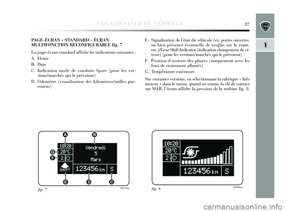 Lancia Delta 2014  Notice dentretien (in French) CONNAISSANCE DU VÉHICULE27
1
E. Signalisation de l’état du véhicule (ex. portes  ouvertes,
ou bien présence éventuelle de verglas  sur la route,
etc.)/Gear Shift Indicator (indication changemen