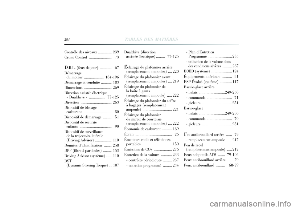 Lancia Delta 2014  Notice dentretien (in French) 284
TABLES DES MATIÈRESDualdrive (direction 
assistée électrique).........77-125Éclairage du plafonnier arrière
(remplacement ampoules) ....220
Éclairage du plafonnier avant
(remplacement ampoul
