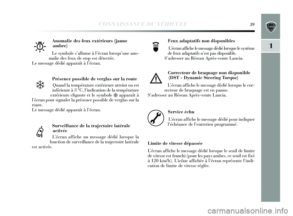 Lancia Delta 2014 Notice dentretien (in French) CONNAISSANCE DU VÉHICULE39
1
Présence possible de verglas sur la route
Quand la température extérieure atteint ou e st
inférieure à 3 °C, l ’indication de la température
extérieure clignote Lancia Delta 2014 Notice dentretien (in French) CONNAISSANCE DU VÉHICULE39
1
Présence possible de verglas sur la route
Quand la température extérieure atteint ou e st
inférieure à 3 °C, l ’indication de la température
extérieure clignote
